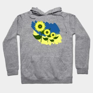 Blooming sunflowers on a blue and yellow background. Colors of the Ukrainian flag. Hoodie